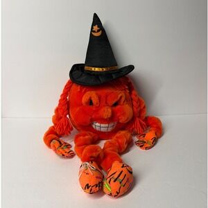 Vintage People Pals A&A Plush Halloween Orange Pumpkin Witch Braids Creepy Grin